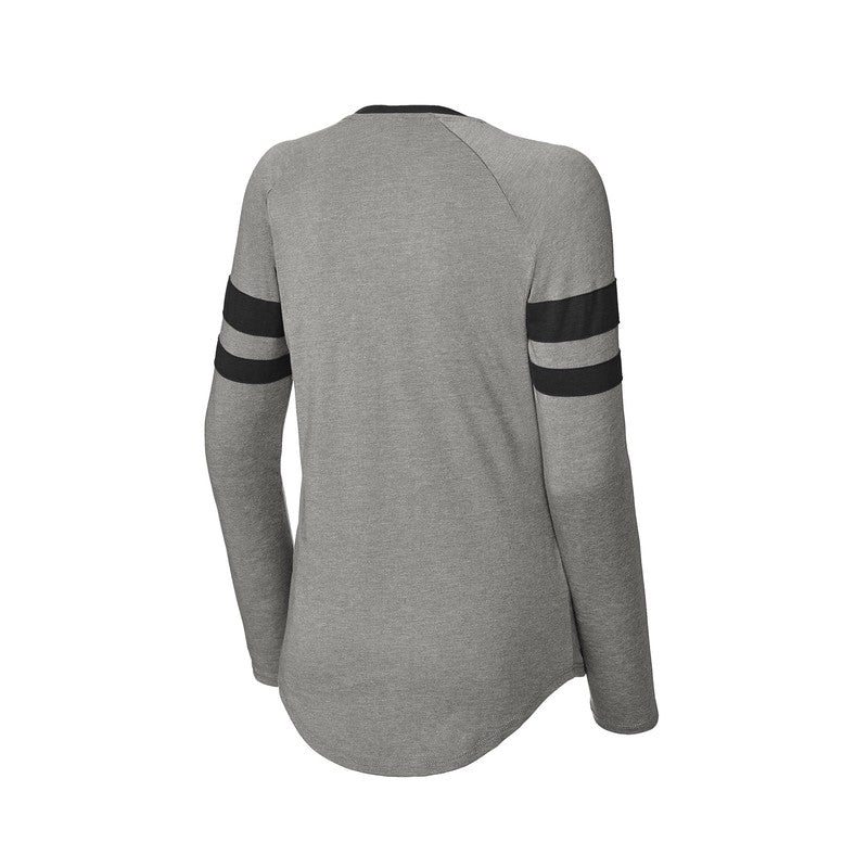 STRAYER Sport-Tek® Ladies Halftime Stripe Long Sleeve V-Neck Tee - Black/ Vintage Heather