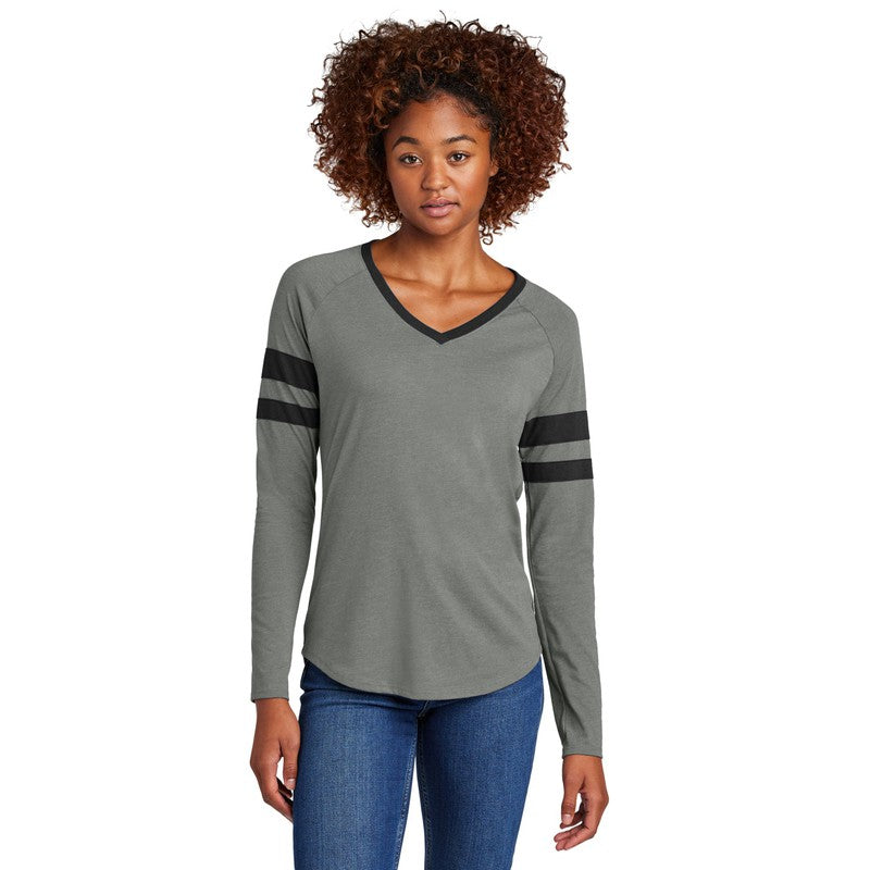 STRAYER Sport-Tek® Ladies Halftime Stripe Long Sleeve V-Neck Tee - Black/ Vintage Heather