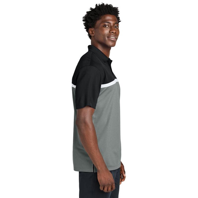 NEW STRAYER Sport-Tek® UV Micropique Colorblock Polo - Black/Concrete Grey Heather/White