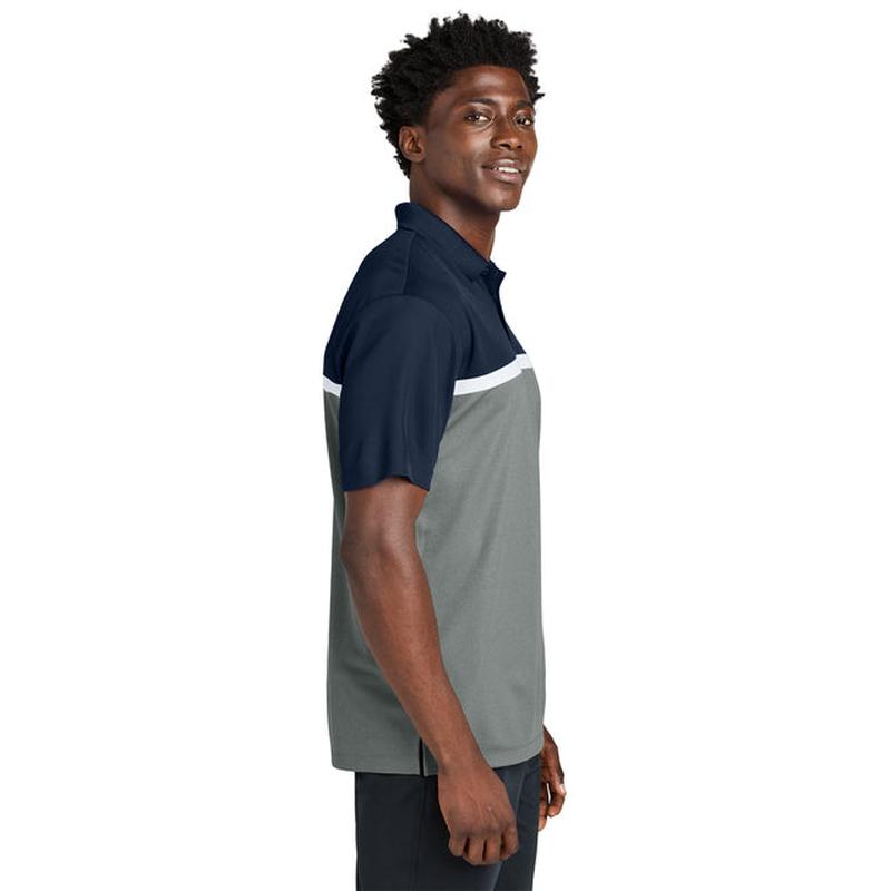 NEW STRAYER Sport-Tek® UV Micropique Colorblock Polo - True Navy/Grey Concrete Heather/White