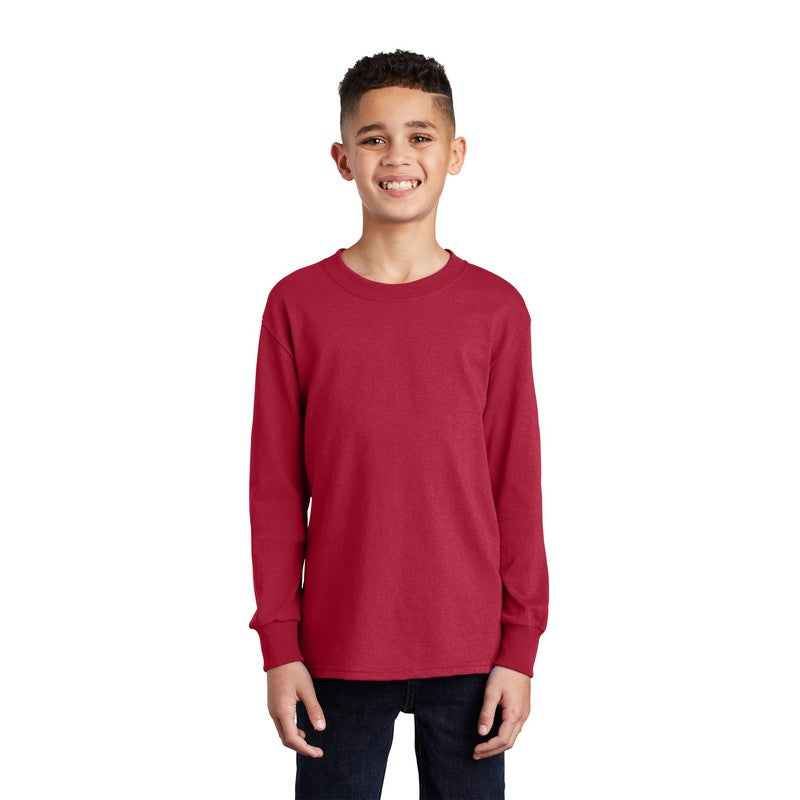 NEW STRAYER Port & Company® Youth Long Sleeve Core Cotton Tee - RED
