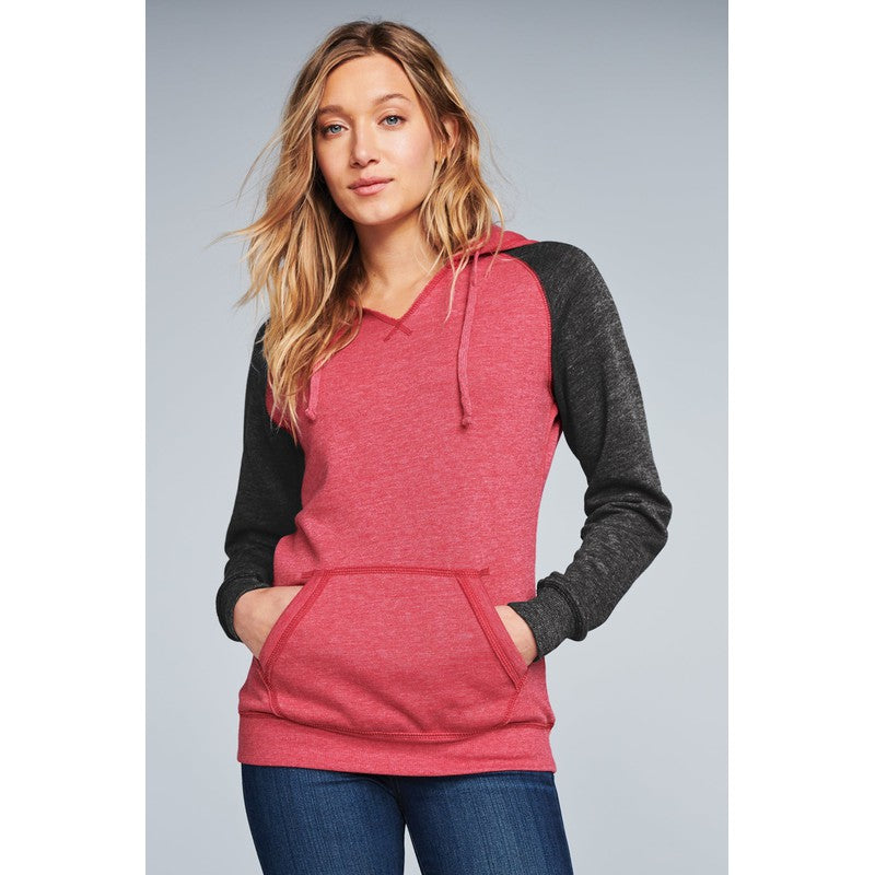 STRAYER District ® Women’s Lightweight Fleece Raglan Hoodie-Heathered Red/ Heathered Charcoal