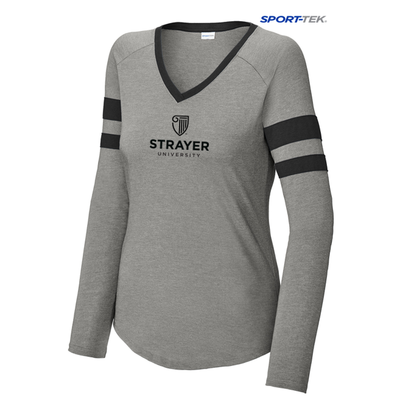 STRAYER Sport-Tek® Ladies Halftime Stripe Long Sleeve V-Neck Tee - Black/ Vintage Heather