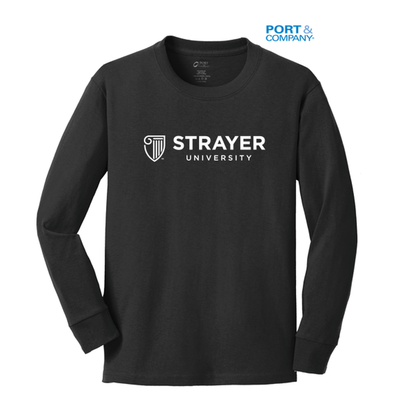 NEW STRAYER Port & Company® Youth Long Sleeve Core Cotton Tee - BLACK