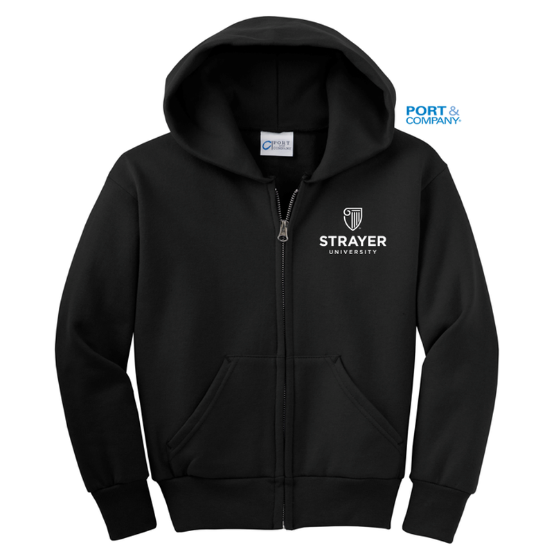 NEW STRAYER Port & Company® Youth Core Fleece Full-Zip Hooded Sweatshirt - BLACK