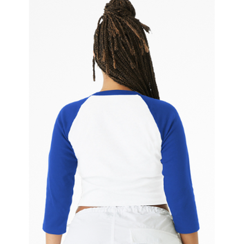 NEW Strayer BELLA+CANVAS® Women’s Micro Rib 3/4 Raglan Baby Tee - White/True Royal