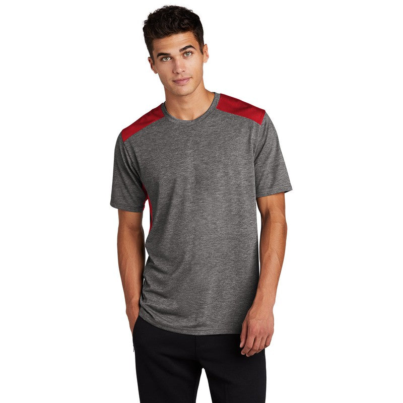 Sport-Tek ® PosiCharge ® Tri-Blend Wicking Draft Tee-True Red/ Dark Grey Heather
