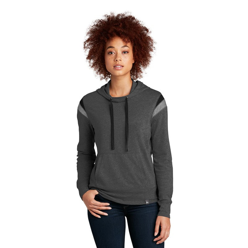 New Era ® Ladies Heritage Blend Varsity Hoodie-Black Heather/ Black/ Shadow Grey Heather