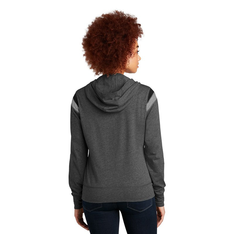 New Era ® Ladies Heritage Blend Varsity Hoodie-Black Heather/ Black/ Shadow Grey Heather