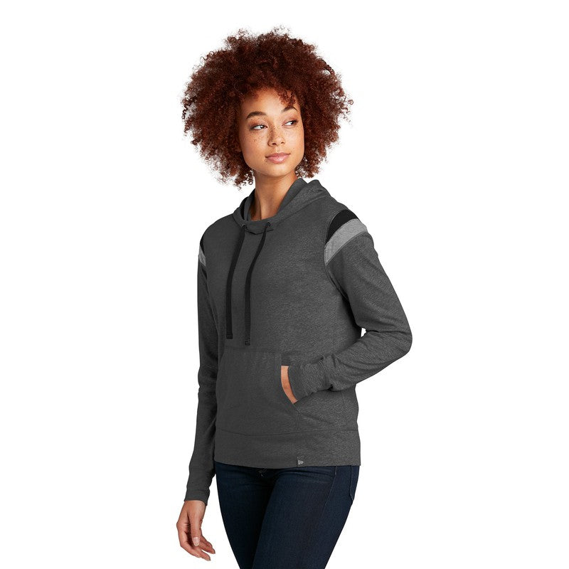 New Era ® Ladies Heritage Blend Varsity Hoodie-Black Heather/ Black/ Shadow Grey Heather