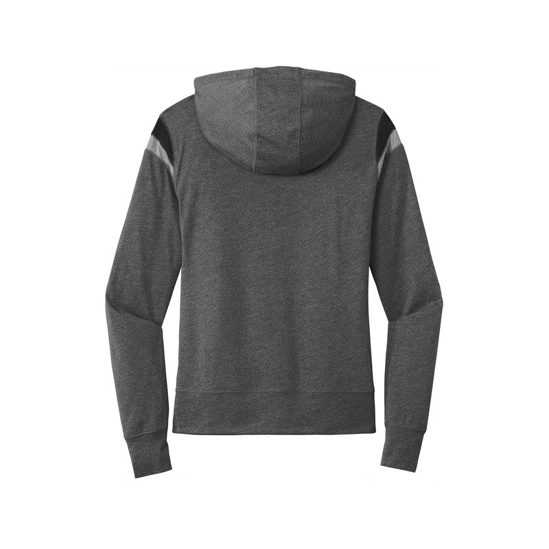 New Era ® Ladies Heritage Blend Varsity Hoodie-Black Heather/ Black/ Shadow Grey Heather