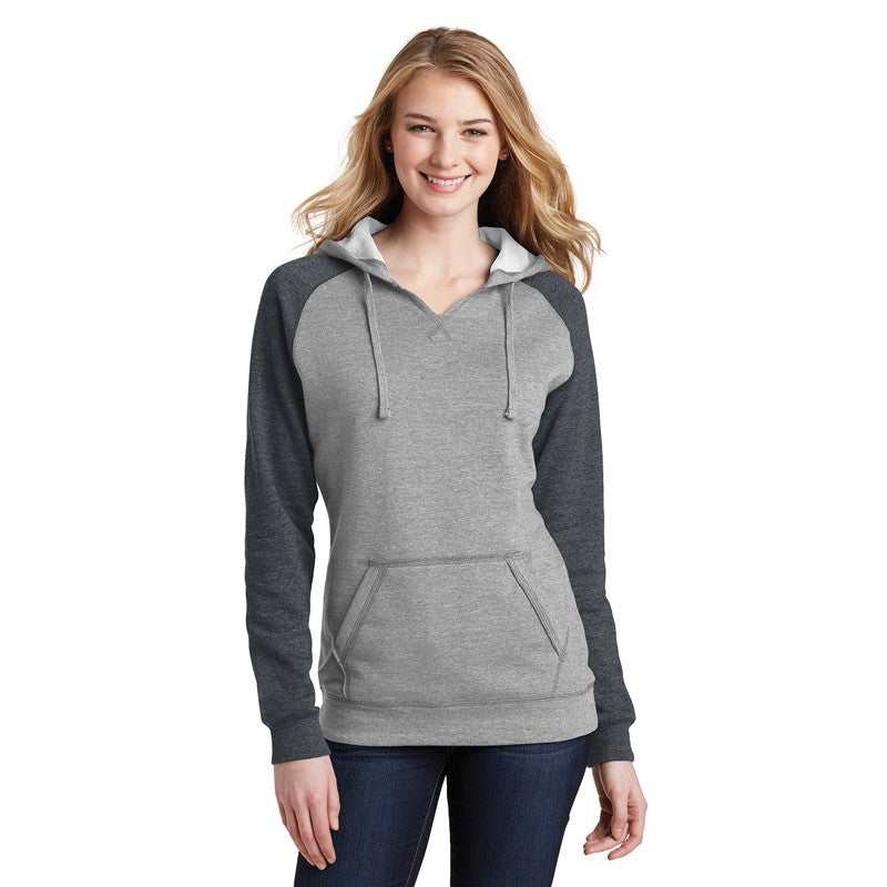 District ® Women’s Lightweight Fleece Raglan Hoodie-Heathered Grey/ Heathered Charcoal