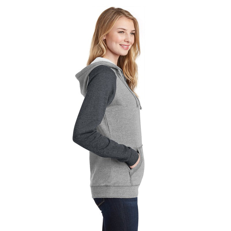 District ® Women’s Lightweight Fleece Raglan Hoodie-Heathered Grey/ Heathered Charcoal
