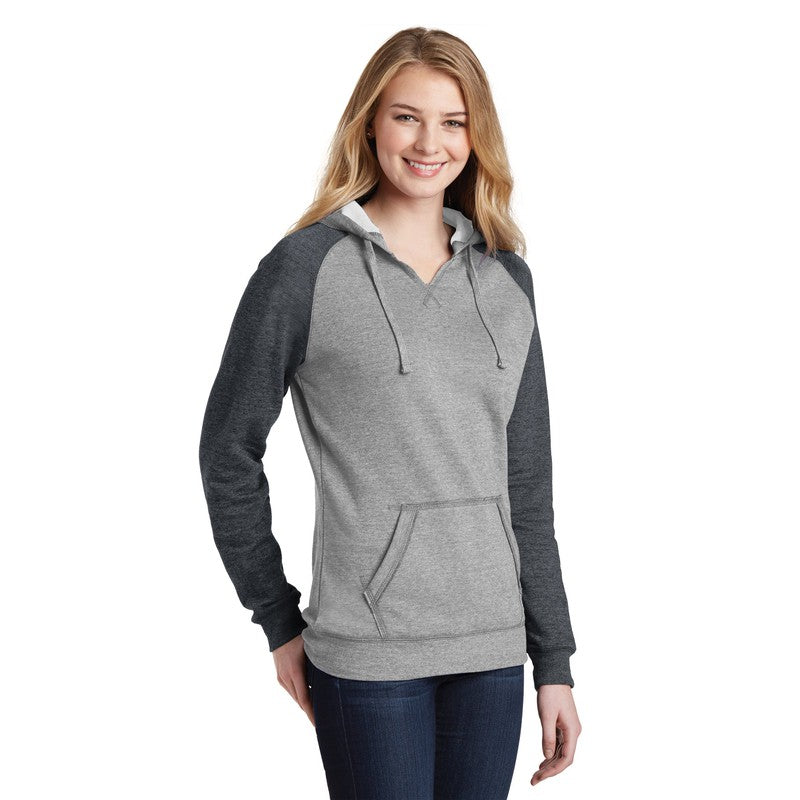 District ® Women’s Lightweight Fleece Raglan Hoodie-Heathered Grey/ Heathered Charcoal