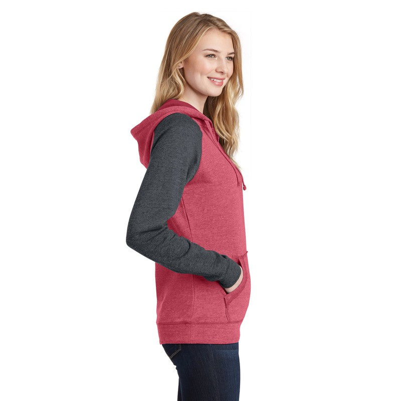 District ® Women’s Lightweight Fleece Raglan Hoodie-Heathered Red/ Heathered Charcoal