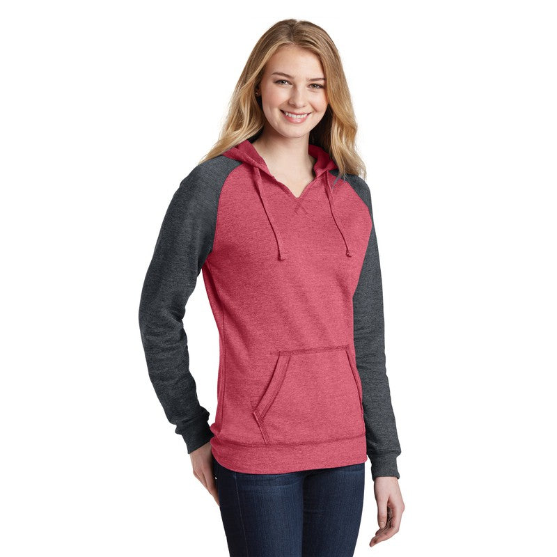 District ® Women’s Lightweight Fleece Raglan Hoodie-Heathered Red/ Heathered Charcoal