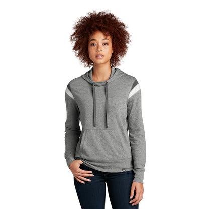 NEW STRAYER New Era ® Ladies Heritage Blend Varsity Hoodie- Shadow Grey Heather/ Graphite/ White