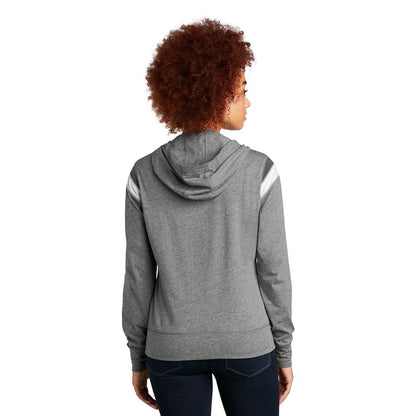 NEW STRAYER New Era ® Ladies Heritage Blend Varsity Hoodie- Shadow Grey Heather/ Graphite/ White