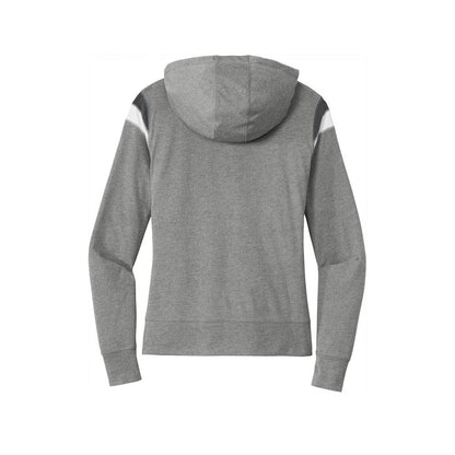 NEW STRAYER New Era ® Ladies Heritage Blend Varsity Hoodie- Shadow Grey Heather/ Graphite/ White