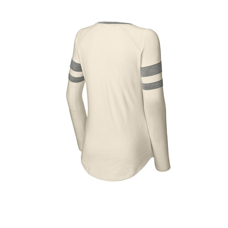 NEW STRAYER Sport-Tek® Ladies Halftime Stripe Long Sleeve V-Neck Tee - Vintage Heather/ Ecru