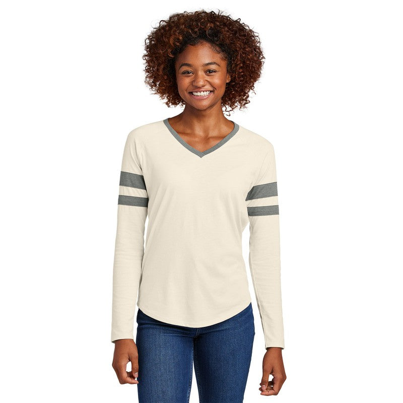 STRAYER Sport-Tek® Ladies Halftime Stripe Long Sleeve V-Neck Tee - Vintage Heather/ Ecru
