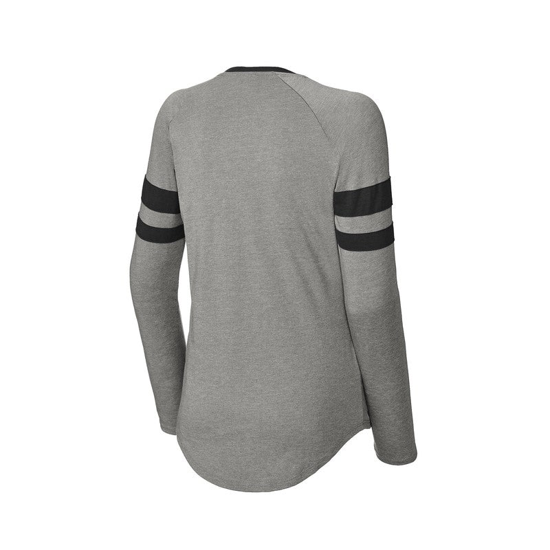 NEW STRAYER Sport-Tek® Ladies Halftime Stripe Long Sleeve V-Neck Tee - Black/ Vintage Heather