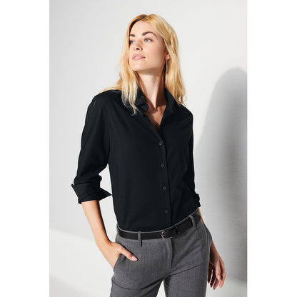 NEW STRAYER Mercer+Mettle™ Women’s Long Sleeve Stretch Woven Shirt - Deep Black