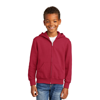 NEW STRAYER Port & Company® Youth Core Fleece Full-Zip Hooded Sweatshirt - RED