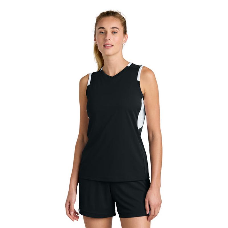 NEW STRAYER Sport-Tek® Women’s Club Sleeveless V-Neck - Black/White