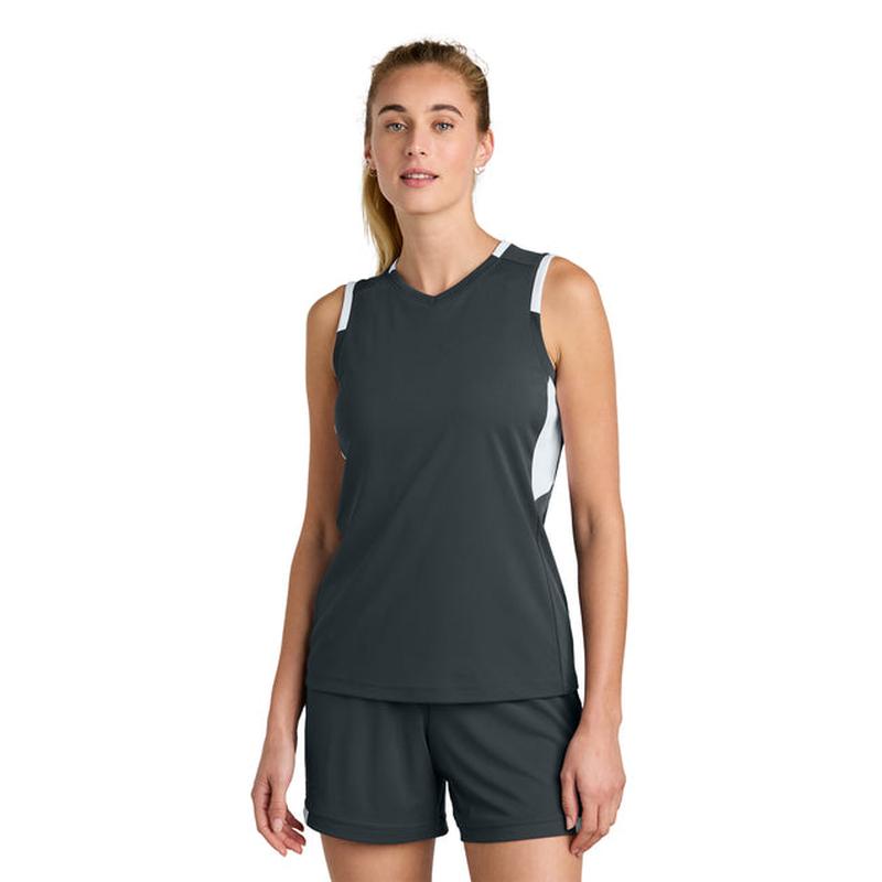 NEW STRAYER Sport-Tek® Women’s Club Sleeveless V-Neck - Iron Grey/White