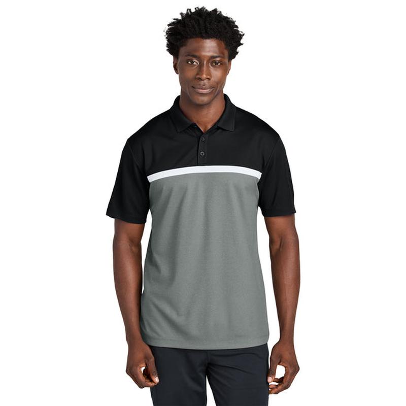 NEW STRAYER Sport-Tek® UV Micropique Colorblock Polo - Black/Concrete Grey Heather/White