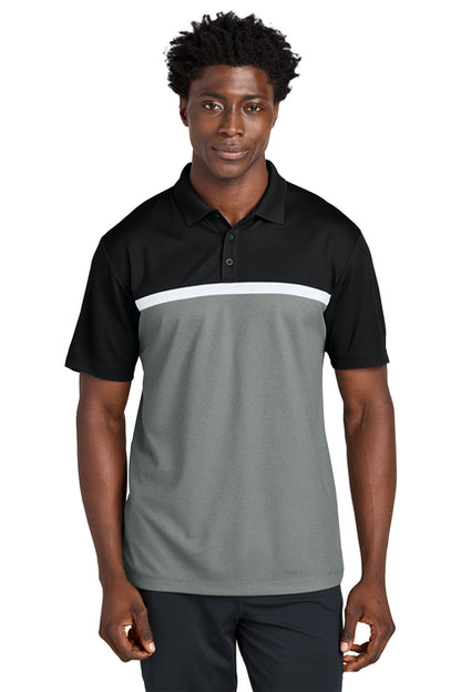 NEW STRAYER Sport-Tek® UV Micropique Colorblock Polo - Black/Concrete Grey Heather/White