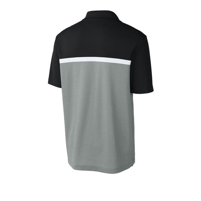 NEW STRAYER Sport-Tek® UV Micropique Colorblock Polo - Black/Concrete Grey Heather/White