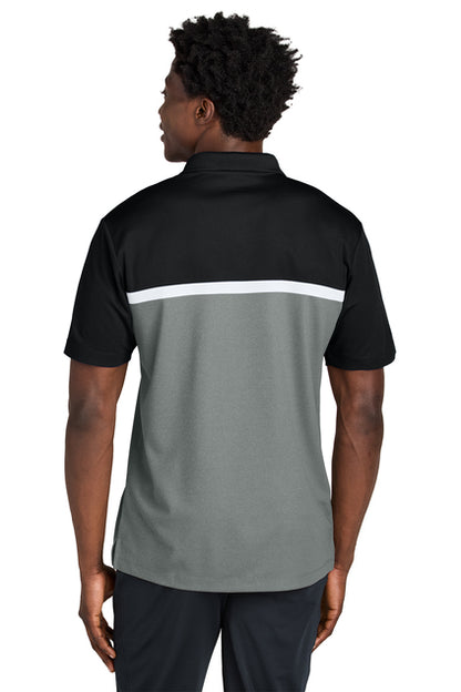NEW STRAYER Sport-Tek® UV Micropique Colorblock Polo - Black/Concrete Grey Heather/White