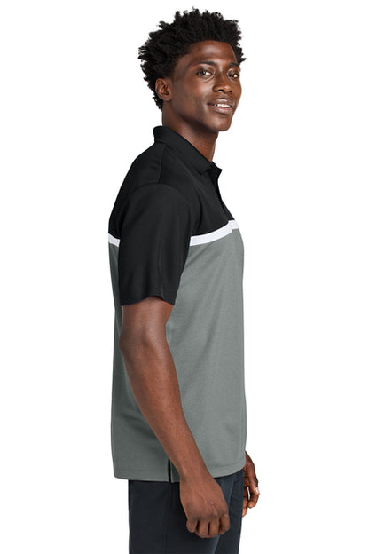 NEW STRAYER Sport-Tek® UV Micropique Colorblock Polo - Black/Concrete Grey Heather/White