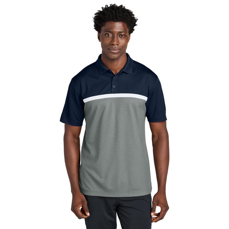 NEW STRAYER Sport-Tek® UV Micropique Colorblock Polo - True Navy/Grey Concrete Heather/White