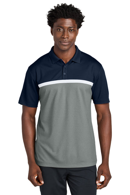 NEW STRAYER Sport-Tek® UV Micropique Colorblock Polo - True Navy/Grey Concrete Heather/White