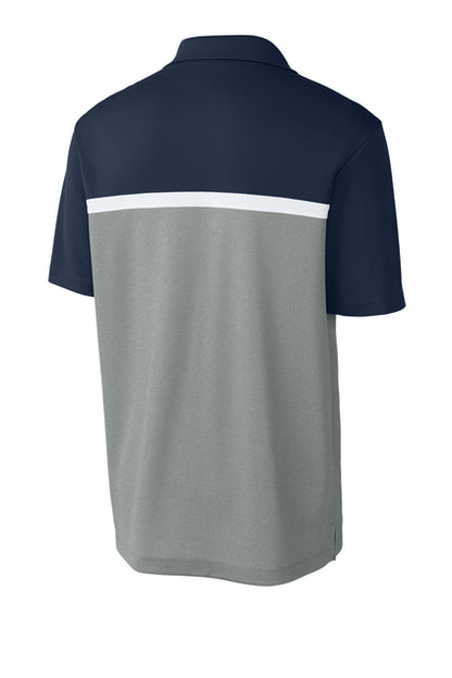 NEW STRAYER Sport-Tek® UV Micropique Colorblock Polo - True Navy/Grey Concrete Heather/White