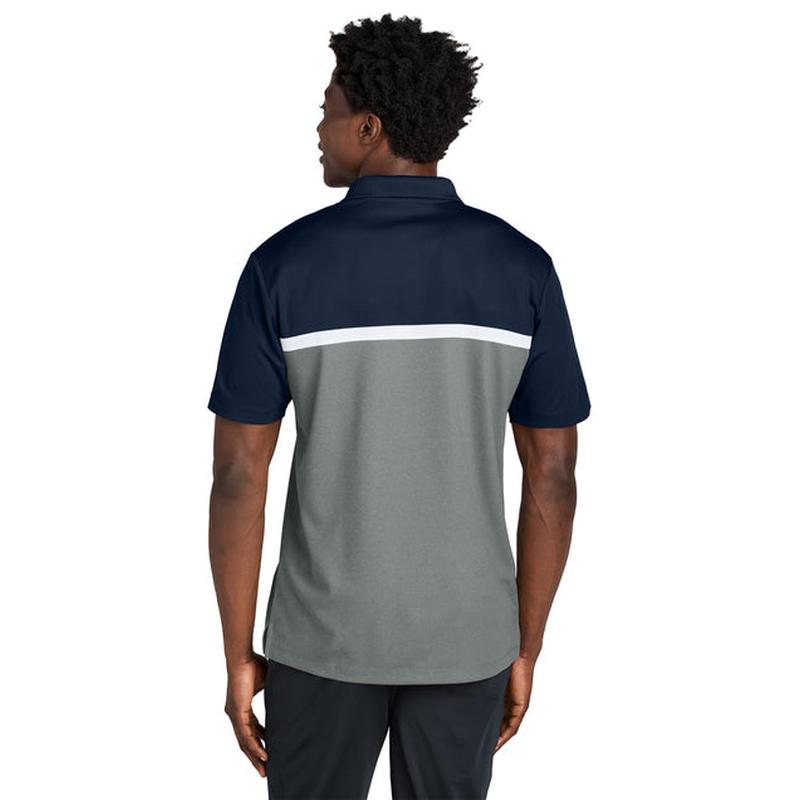 NEW STRAYER Sport-Tek® UV Micropique Colorblock Polo - True Navy/Grey Concrete Heather/White