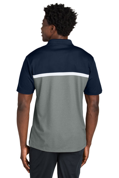 NEW STRAYER Sport-Tek® UV Micropique Colorblock Polo - True Navy/Grey Concrete Heather/White