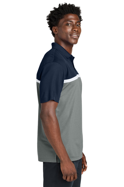 NEW STRAYER Sport-Tek® UV Micropique Colorblock Polo - True Navy/Grey Concrete Heather/White
