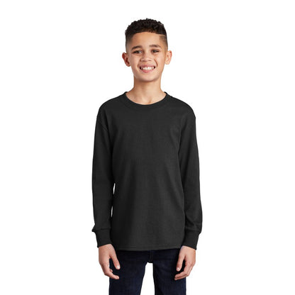 NEW STRAYER Port & Company® Youth Long Sleeve Core Cotton Tee - BLACK