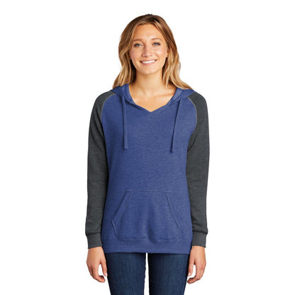 NEW STRAYER District ® Women’s Lightweight Fleece Raglan Hoodie-Heathered Deep Royal/ Heathered Charcoal