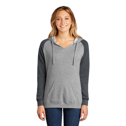 NEW STRAYER District ® Women’s Lightweight Fleece Raglan Hoodie-Heathered Grey/ Heathered Charcoal