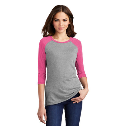 NEW STRAYER District ® Women’s Perfect Tri ® 3/4-Sleeve Raglan - Fuchsia Frost/ Grey Frost