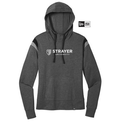 NEW STRAYER New Era ® Ladies Heritage Blend Varsity Hoodie-Black Heather/ Black/ Shadow Grey Heather