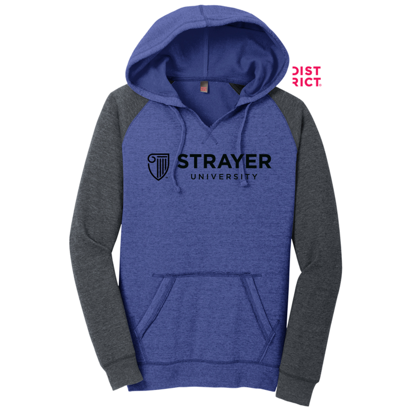 NEW STRAYER District ® Women’s Lightweight Fleece Raglan Hoodie-Heathered Deep Royal/ Heathered Charcoal