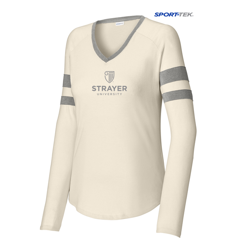 STRAYER Sport-Tek® Ladies Halftime Stripe Long Sleeve V-Neck Tee - Vintage Heather/ Ecru