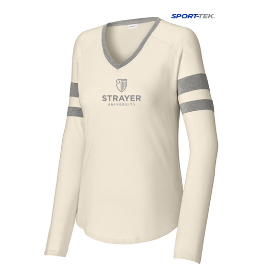 NEW STRAYER Sport-Tek® Ladies Halftime Stripe Long Sleeve V-Neck Tee - Vintage Heather/ Ecru