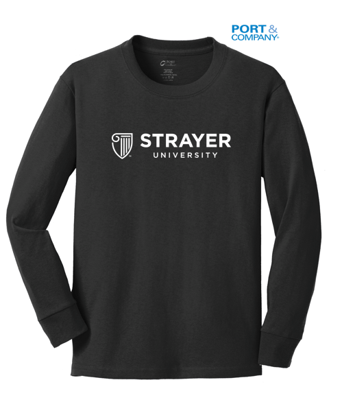 NEW STRAYER Port & Company® Youth Long Sleeve Core Cotton Tee - BLACK